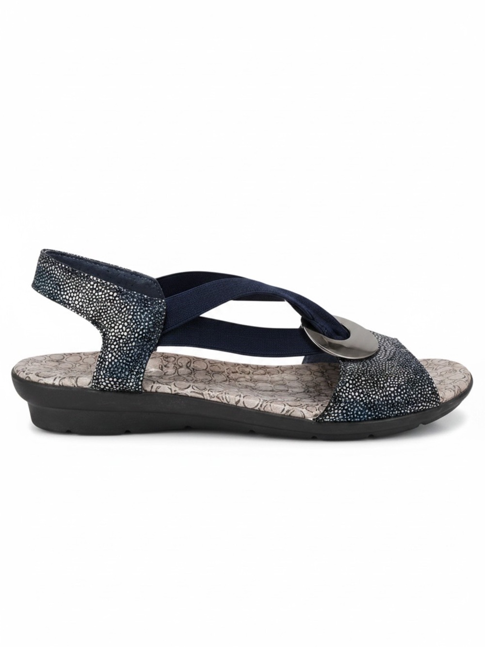 Spring Step Crespo Sandals Metallic Criss Cross Stretch Strape Silver Detail